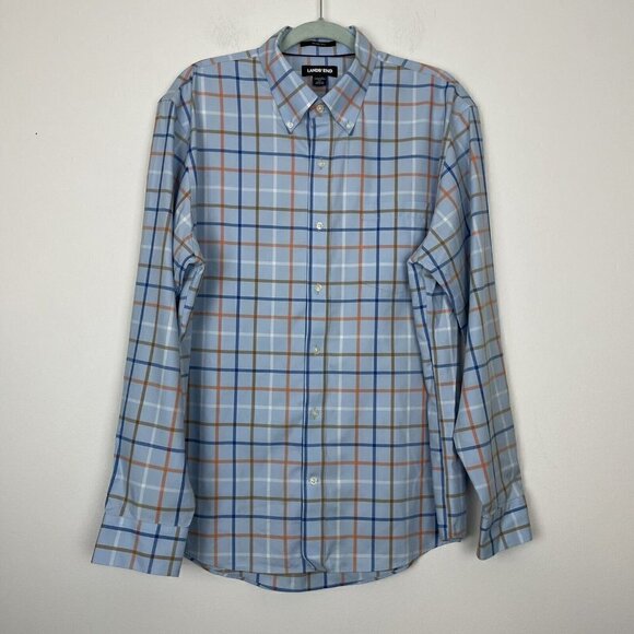 Lands End Men’s Blue Plaid Long Sleeve Button Up Shirt Traditional Fit Large - Picture 1 of 4